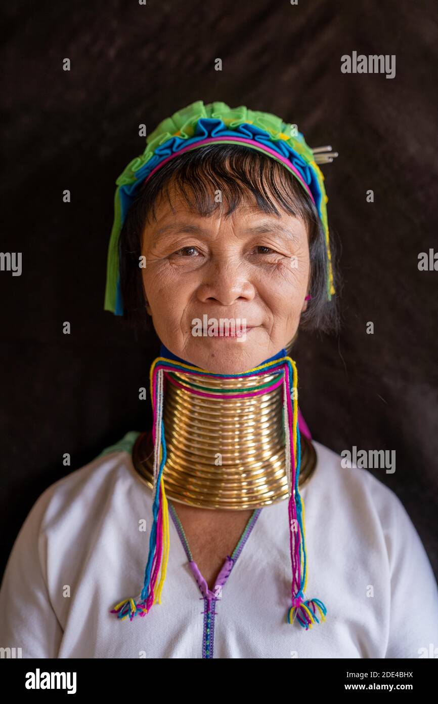 Long necked woman with several brass rings around her neck, Lake Inle, Myanmar Stock Photo