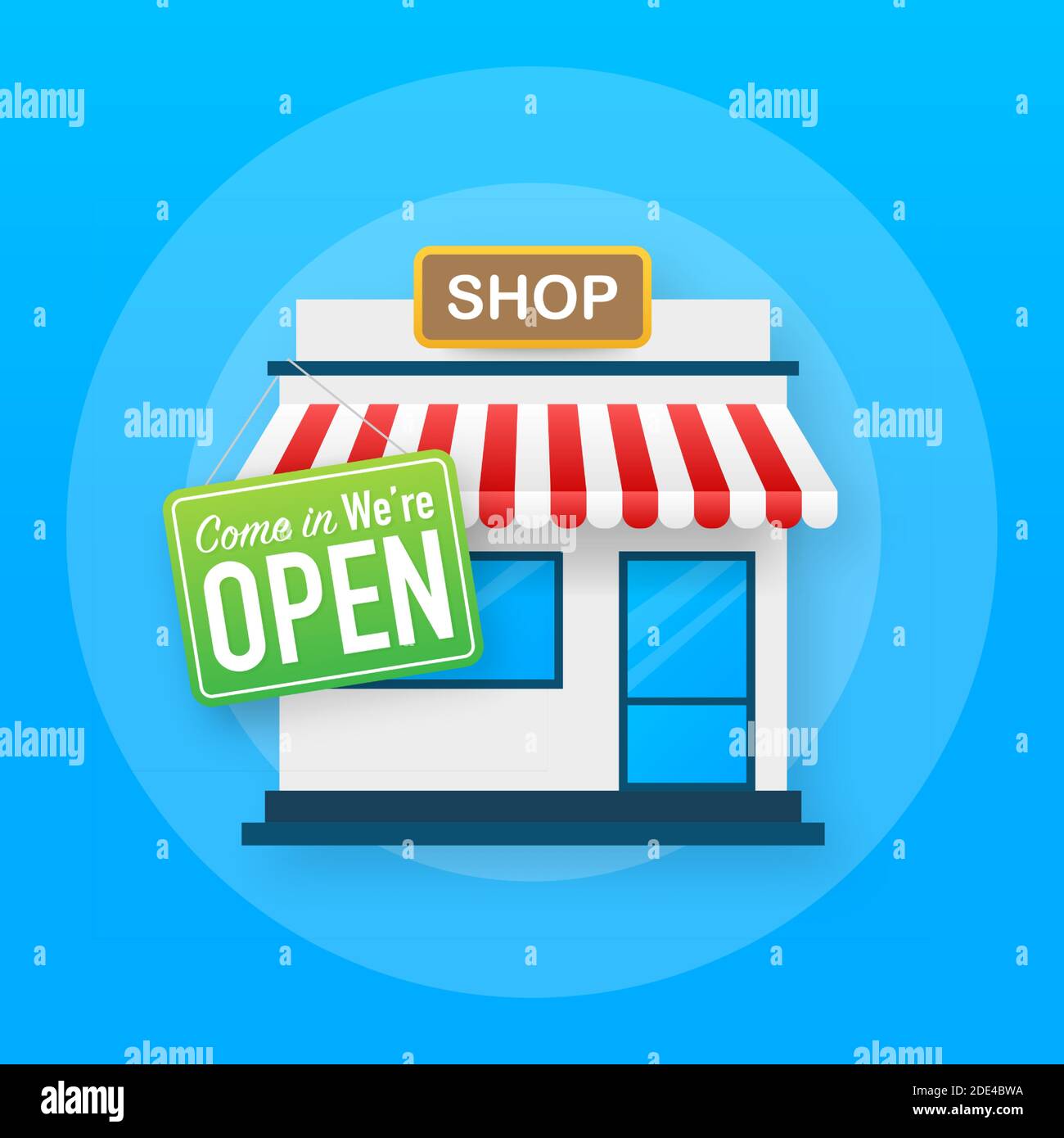 Open sign door. Shop or market store front exterior facade. Vector