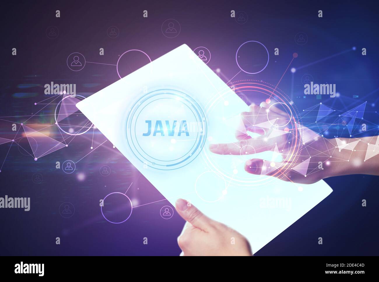 Hand holdig futuristic tablet with JAVA inscription, modern technology ...