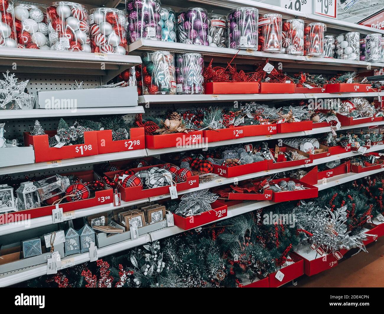 Toronto, Ontario, Canada - November 25, 2020: Christmas New Year holiday festive decoration sold at Walmart mall store shop. Preparation for celebrati Stock Photo