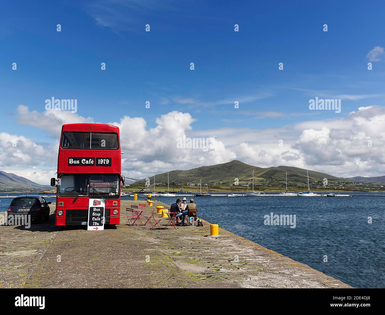 Cafe in a red double-decker bus, Bus Stop Cafe, Knightstown, Valentia Island, Coastal road Skellig Ring, Iveragh Peninsula, Wild Atlantic Way Stock Photo