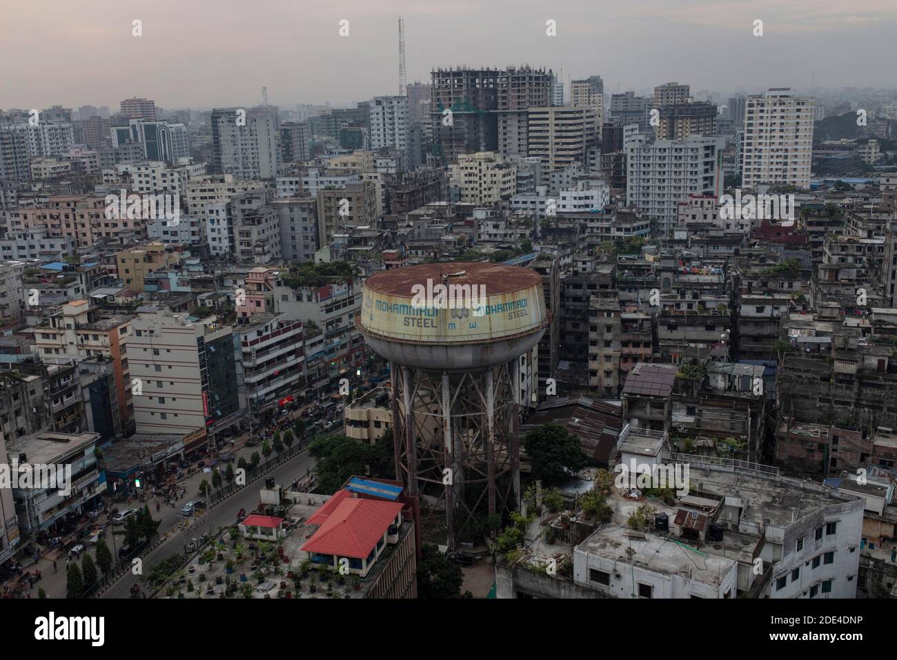 High-rise buildings and water tower, view from Kaizuddin Tower, Bijoy Nagar Road, Old Dhaka, Dhaka, Bangladesh Stock Photo