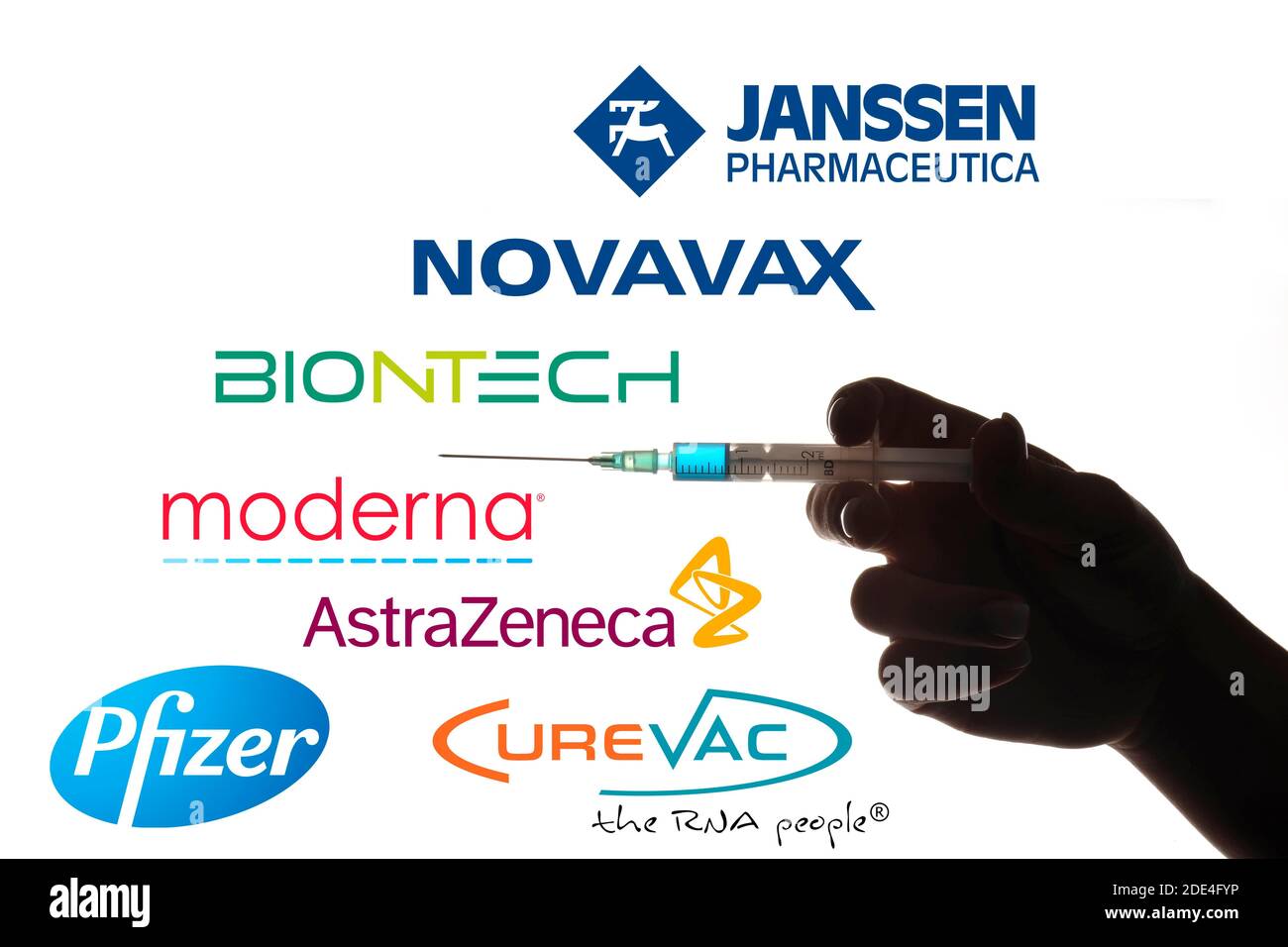 Symbol image Vaccine candidates, BIONTECH, PFIZER, NOVAVAX, MODERNA, ASTRAZENECA, CUREVAC, JANSSEN PHARMACEUTICA, hand with syringe, corona crisis Stock Photo