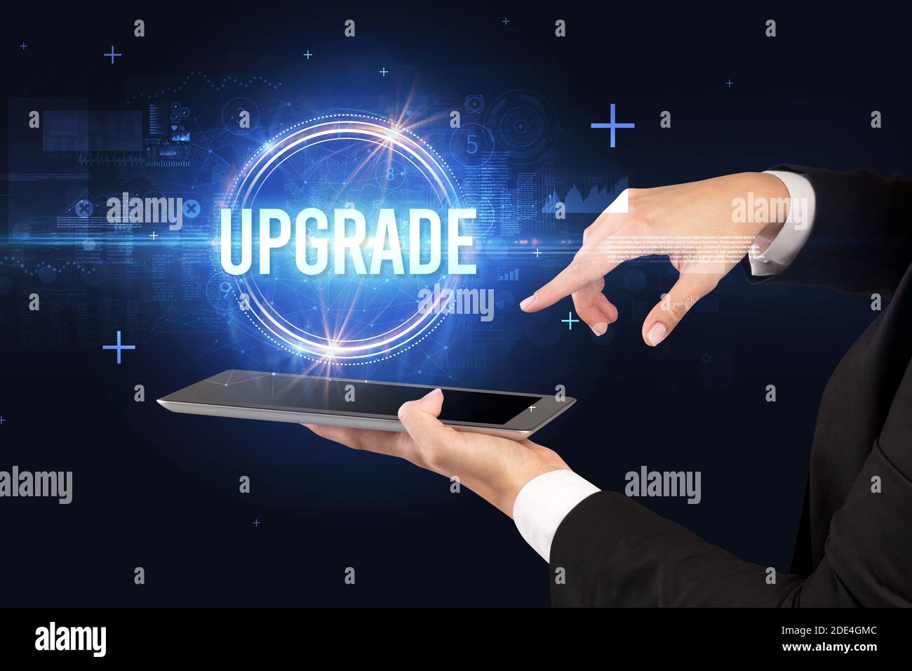 Close-up of a touchscreen with UPGRADE inscription, new technology ...