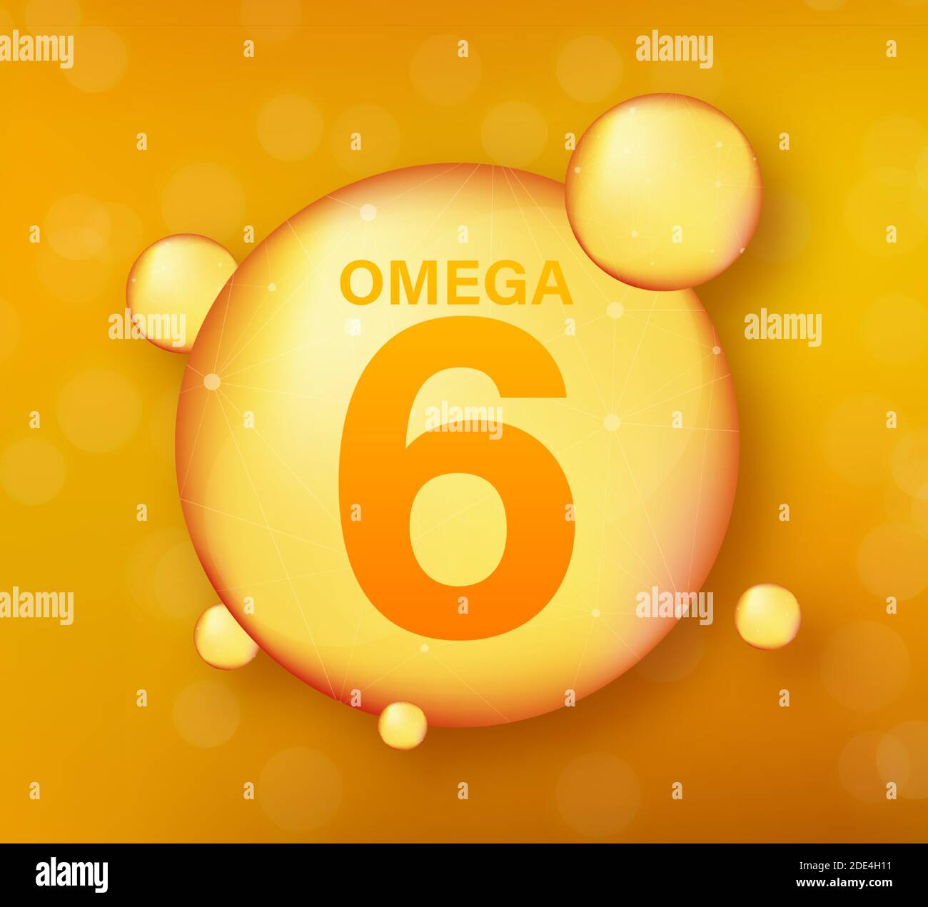 Omega 6 gold icon. Vitamin drop pill capsule. Shining golden essence droplet. Vector illustration. Stock Vector