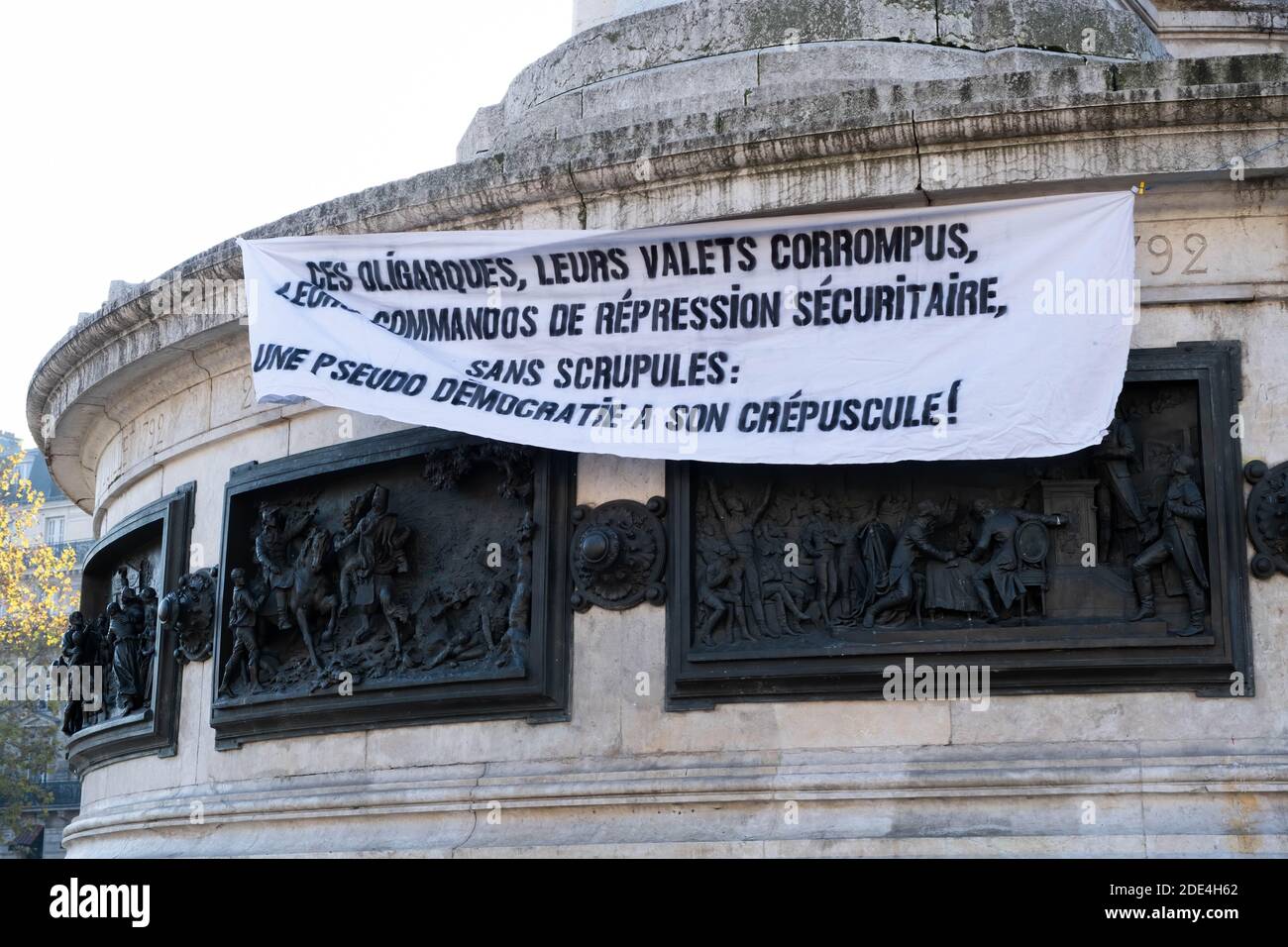 Paris, France - November 28th 2020 : at the march against the global security law, a banner criticising the french goverment Stock Photo