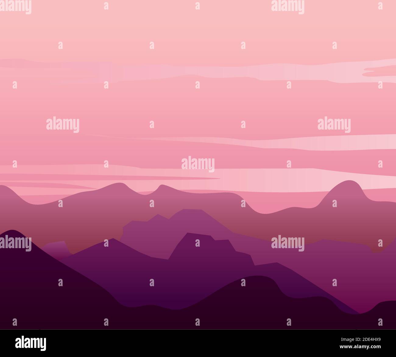 pink and purple landscape with silhouettes of beautiful mountains and