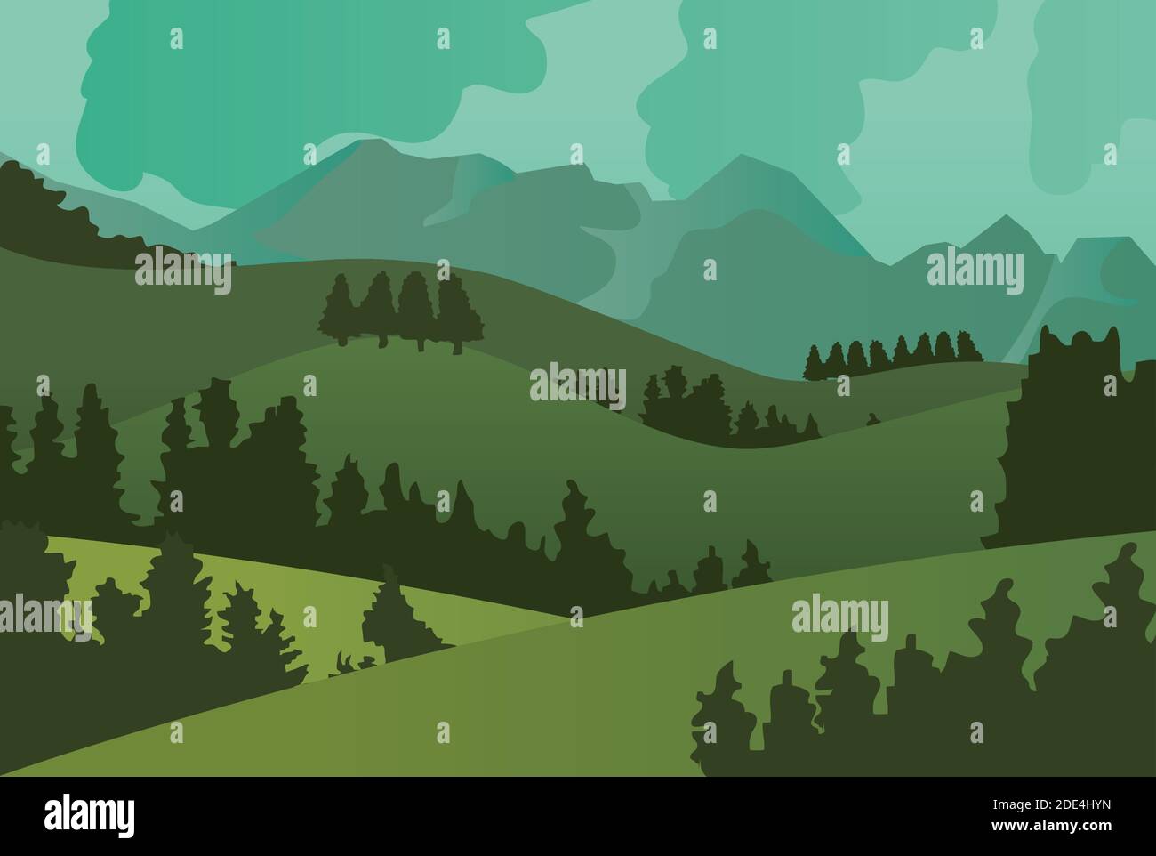 Realistic illustration of mountain landscape with trees and hills ...