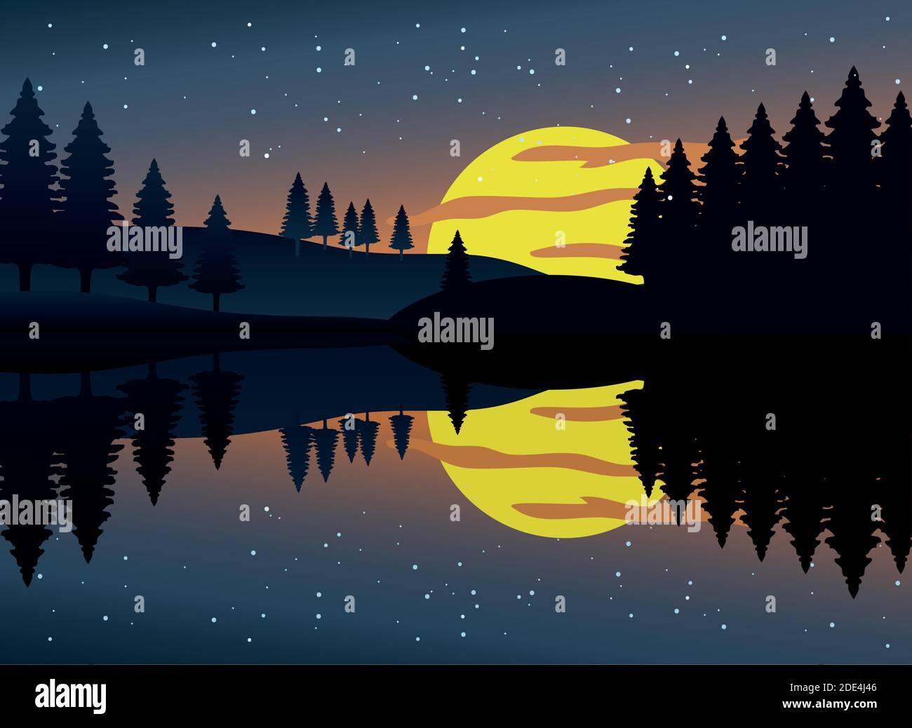 night landscape at lake with full moon and stars, colorful design ...