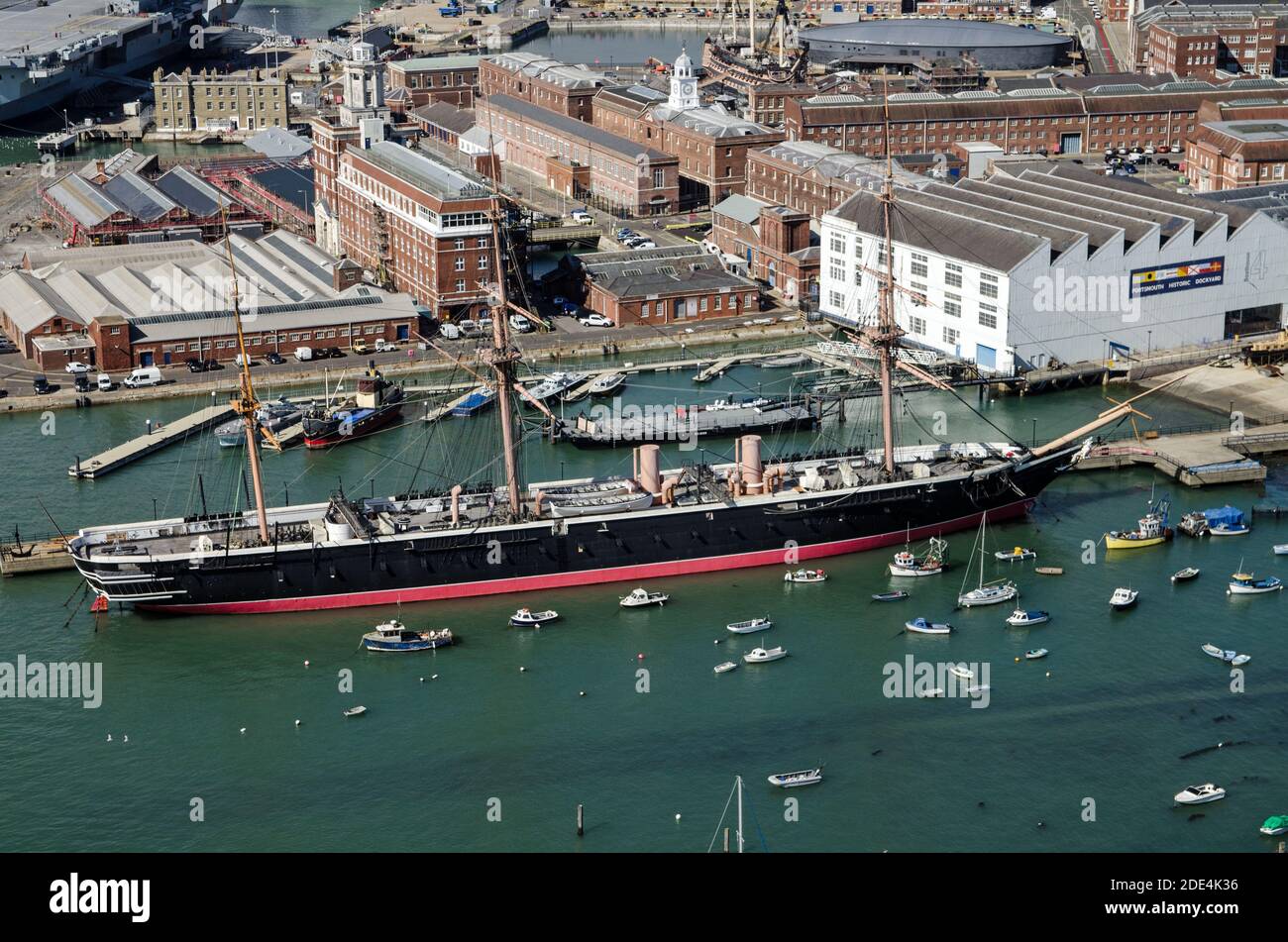 View from a high position looking down on HMS Warrior, the first iron hulled warship in the Royal Navy, on display in Portsmouth Historic Dockyard on Stock Photo