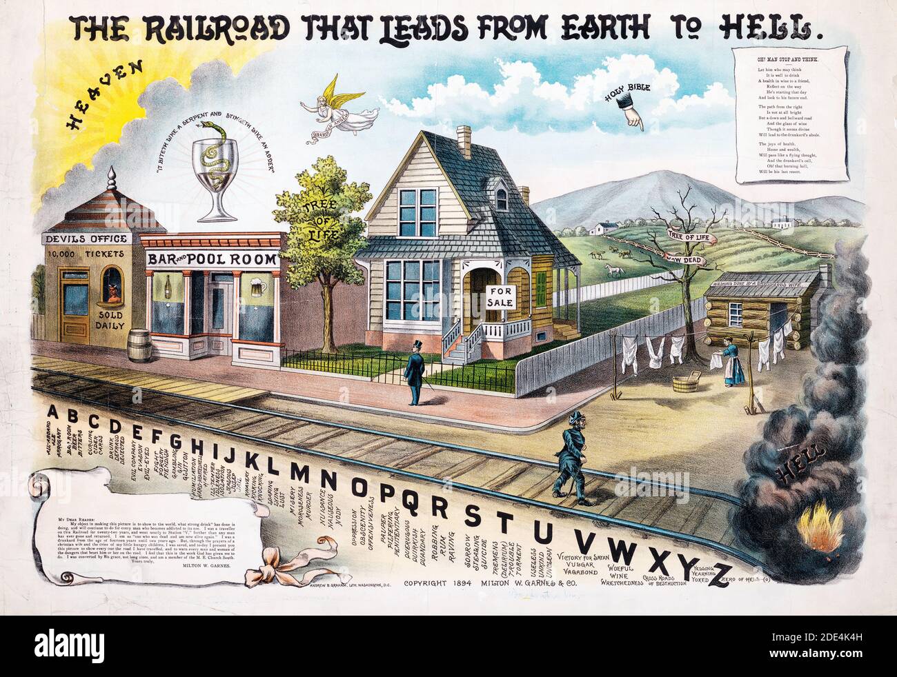 Print shows a drunkard on the 'railroad' to ruin which passes the 'Devils Office' and the 'Bar and Pool Room', a healthy 'Tree of Live' over which hovers a 'Guardian Angel', followed by a house 'For Sale', then, as the end of the road approaches 'Hell', the 'Tree of Life Now Dead' and a small log cabin labeled 'Washing Done by a Drunkards Wife.' Stock Photo