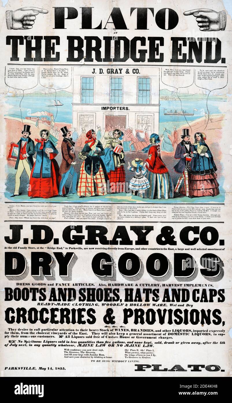 Print shows a large advertisement with fashionably dressed men and women outside 'J[ames] D. Gray & Co. Importers' with their purchases, as others race to enter the store in the background, also shows a railroad arriving on the left and steamships on a river in the distance. Stock Photo