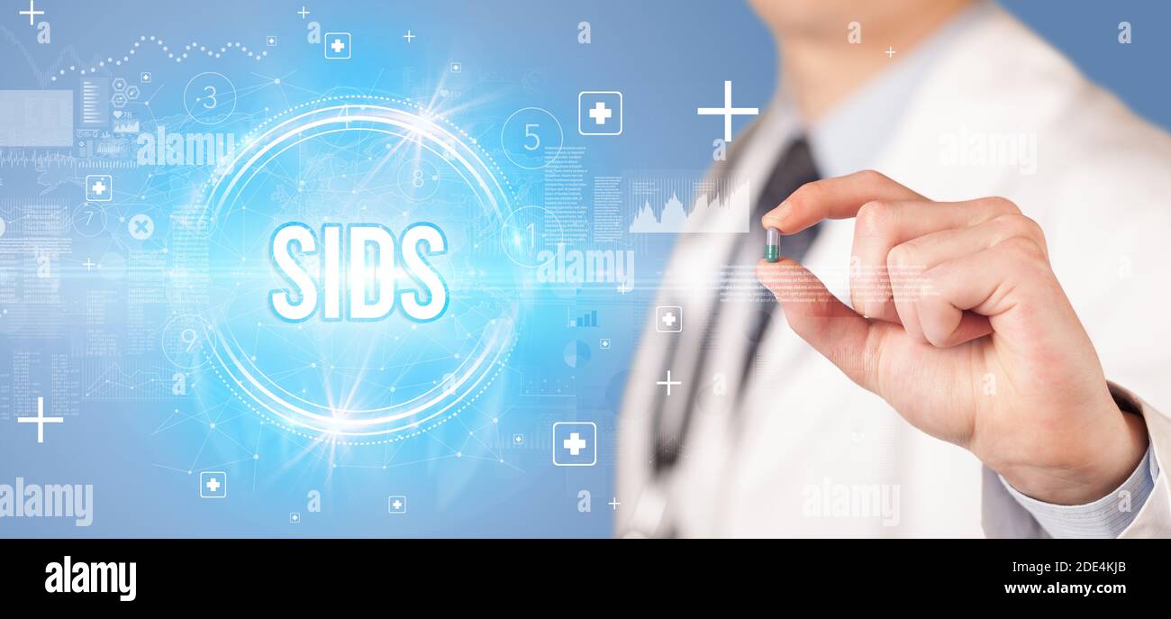 Close-up of a doctor giving you a pill with SIDS abbreviation, virology ...