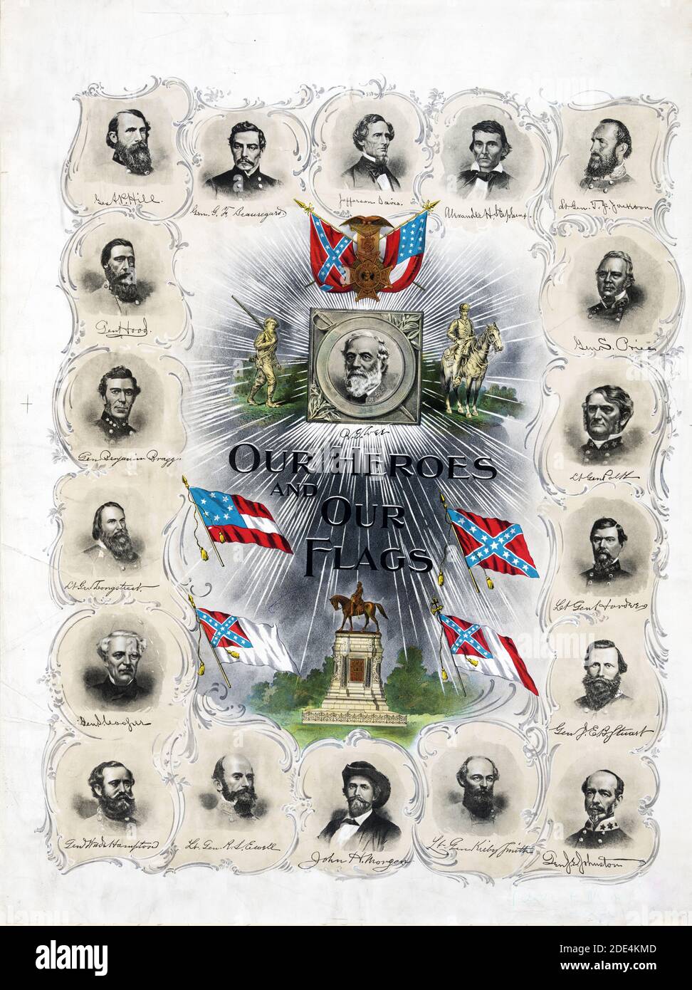 Memorial print for the Confederacy, published 30 years after the end of the American Civil War. Portraits, clockwise from top center, of 'Jefferson Davis, Alexander H. Stephens, Lt. Gen. T.J. [Stonewall] Jackson, Gen. S. Price, Lt. Gen. Polk, Lt. Gen. Hardee, Gen J.E.B. Stuart, Gen. J.E. Johnston, Lt. Gen. Kirby Smith, John H. Morgan, Lt. Gen. R.S. Ewell, Gen. Wade Hampton, Gen. S. Cooper, Lt. Gen. Longstreet, Gen. Benjamin [i.e., Braxton] Bragg, Gen. Hood, Gen. A.P. Hill, [and] Gen. G.F. [i.e., G.T.] Beauregard,' surround the central image of Robert E. Lee, an equestrian statue, and four Conf Stock Photo