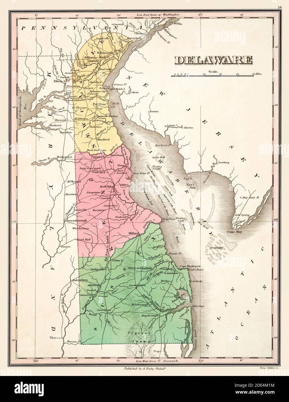 Delaware Map Circa 1824. This is an enhanced, restored reproduction of an old map of the Delaware circa 1824. It shows its three counties in color. Shows towns and geographical features. Stock Photo
