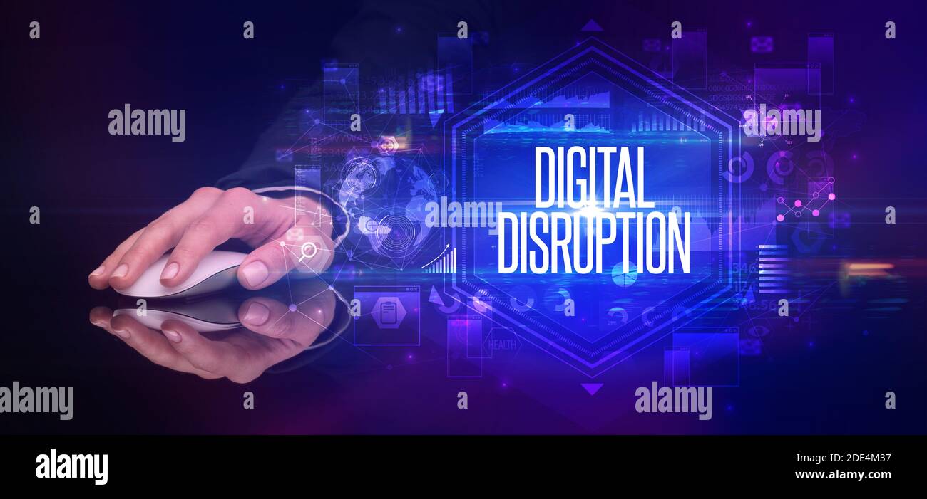 hand holding wireless peripheral with DIGITAL DISRUPTION inscription ...