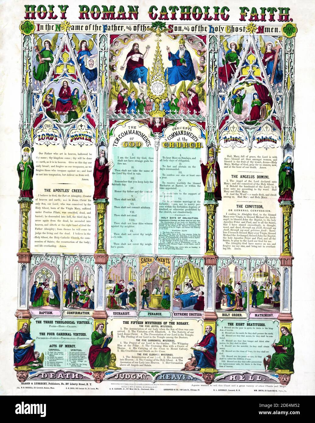 Print showing biblical scenes related to the Roman Catholic faith; includes text of prayers; such as The Lord's Prayer; The Apostles' Creed; The Confiteor; as well as The Ten Commandments of God; Virtues; Mysteries of the Rosary; and the Eight Beatitudes; also portraits of saints and of Pope Pius IX. Stock Photo