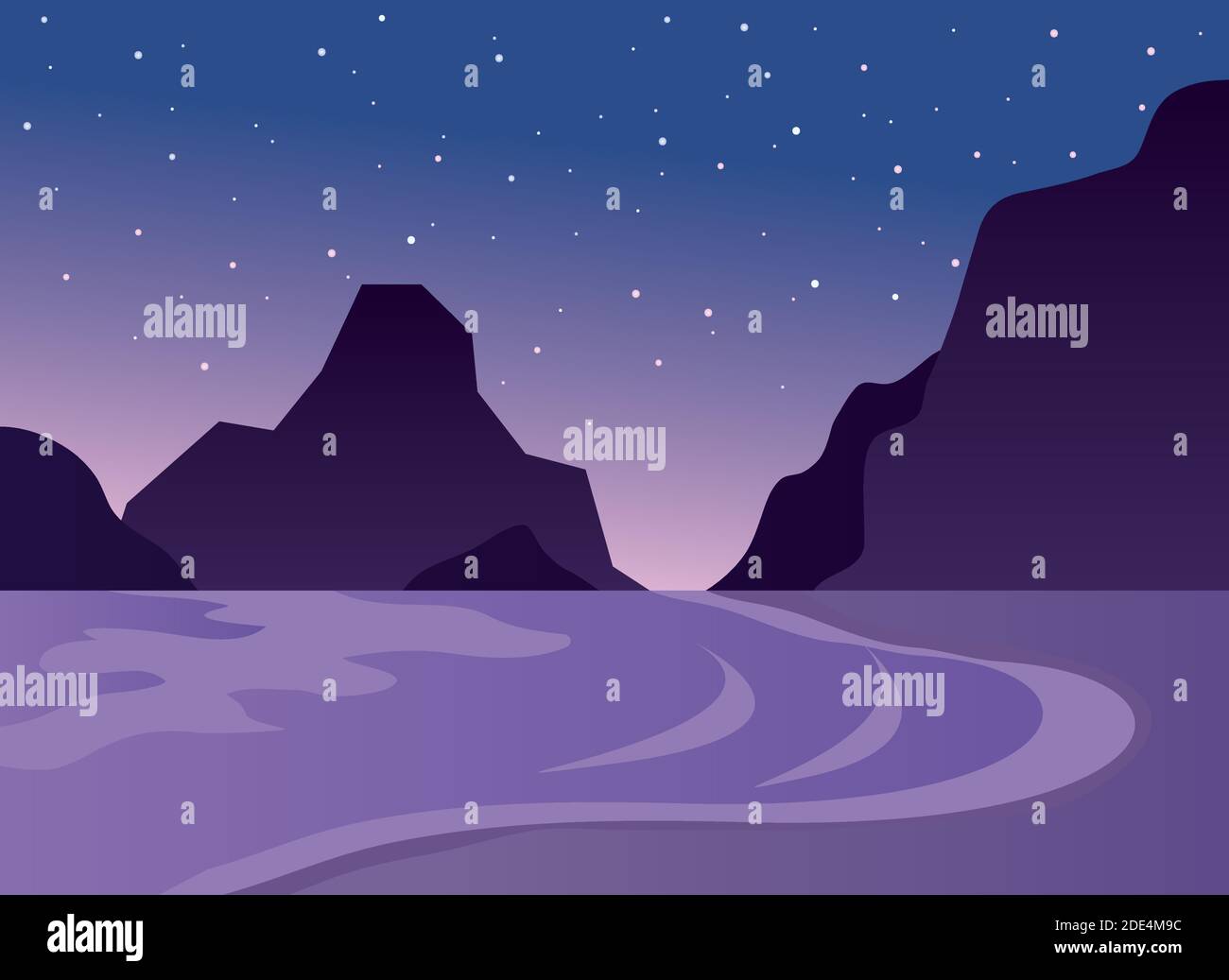 Night landscape with dark silhouettes of mountains and sky with stars ...