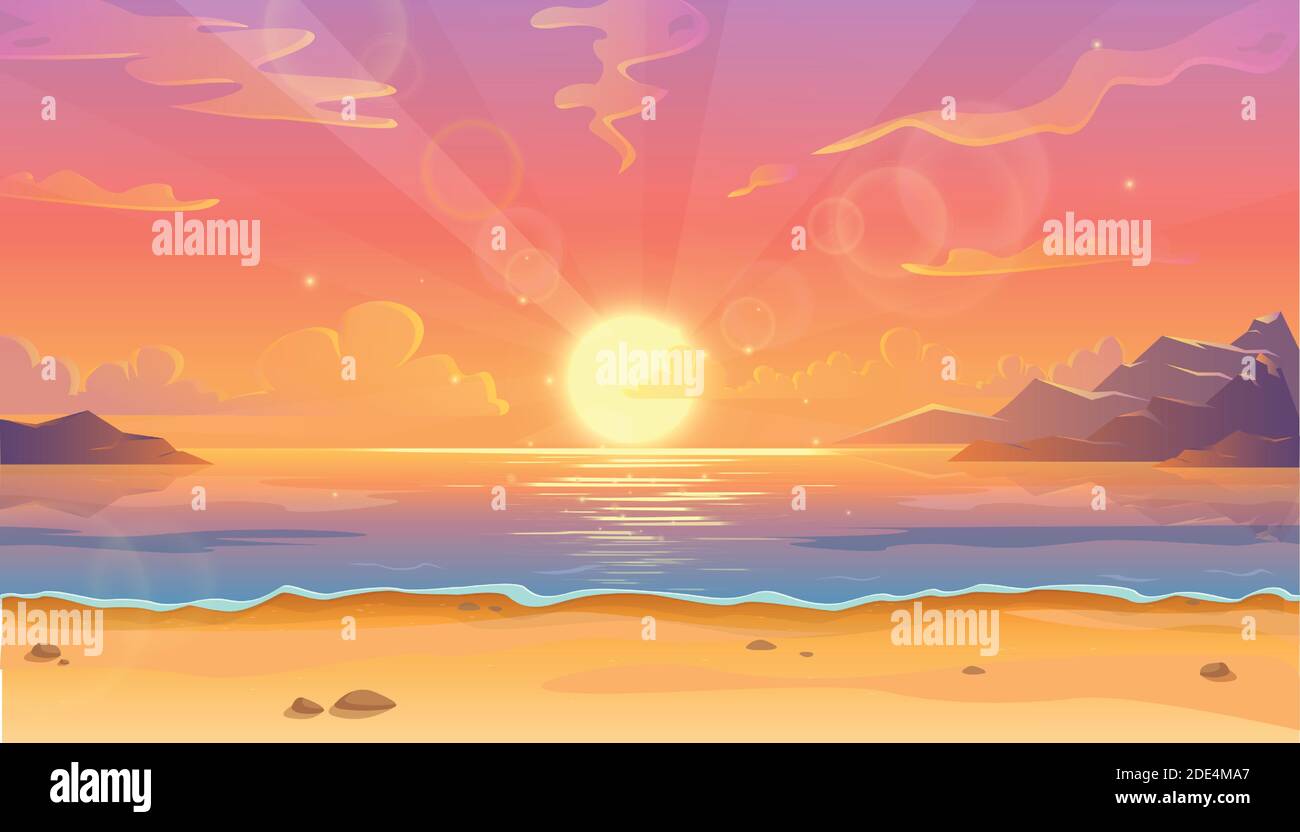 Vector cartoon illustration of ocean landscape in sunset or sunrise with beautiful pink sky and sun reflection over the water. Beautiful nature with b Stock Vector