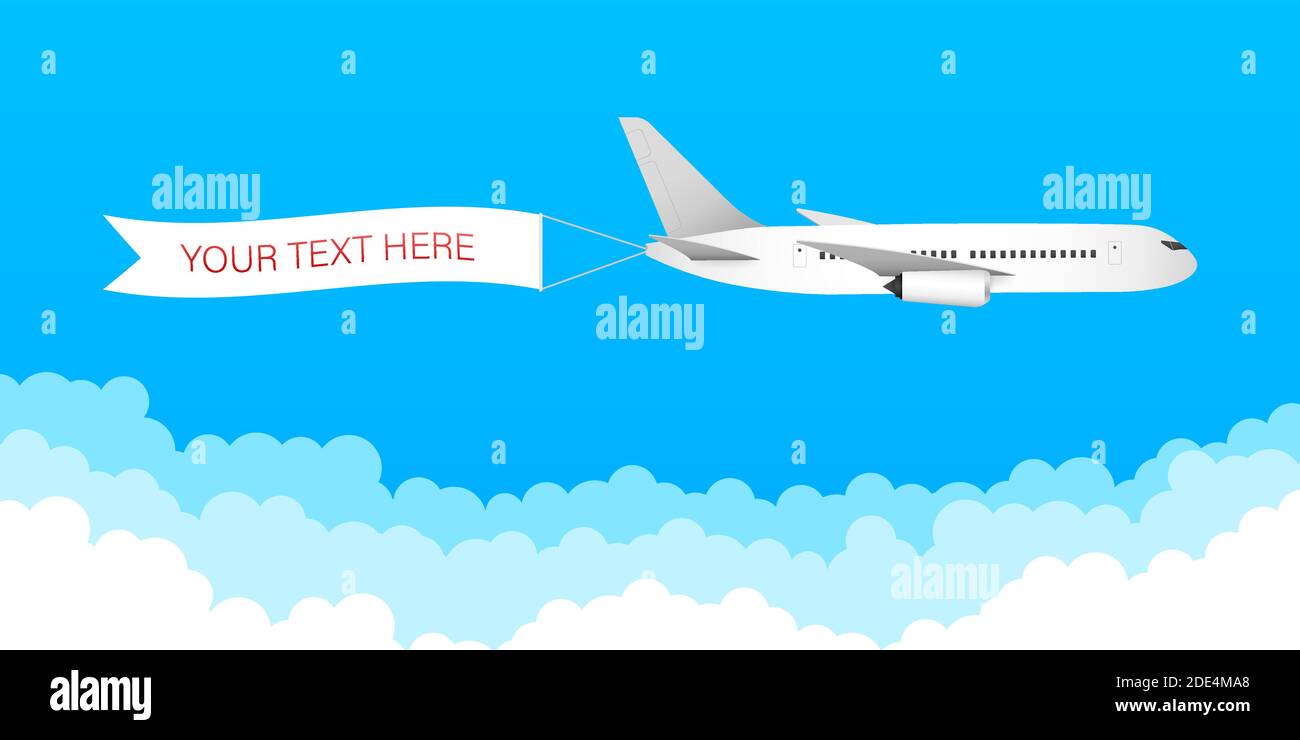 Airplane banner in flat style. Speed airplane aircraft jet with advertising banner ribbon in the cloudy sky. Vector stock illustration. Stock Vector