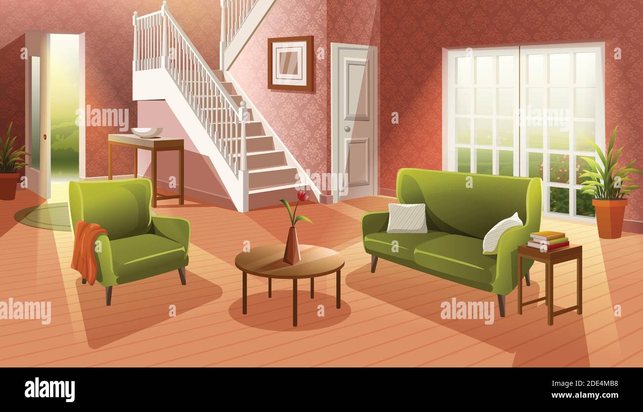 Vector interior cartoon style cozy living room with wooden floor and  furniture, sofa, table and window to the garden Stock Vector Image & Art -  Alamy