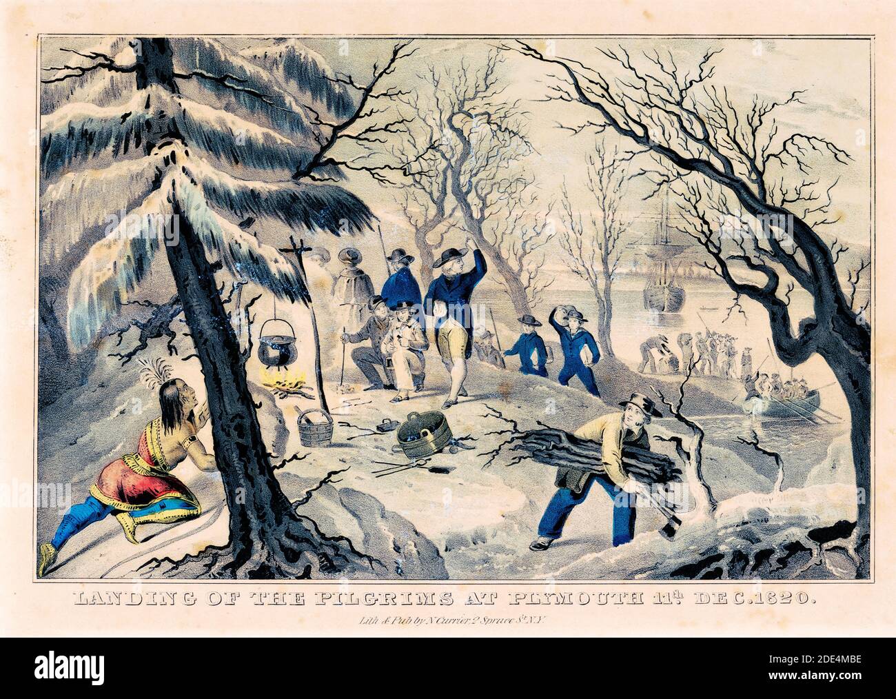 Print shows a Native man, hiding on the left, watching the Pilgrims around a campfire with small cauldron; a man with hatchet is gathering firewood and more Pilgrims are coming ashore from the Mayflower, in a winter scene with snow-covered landscape. Stock Photo