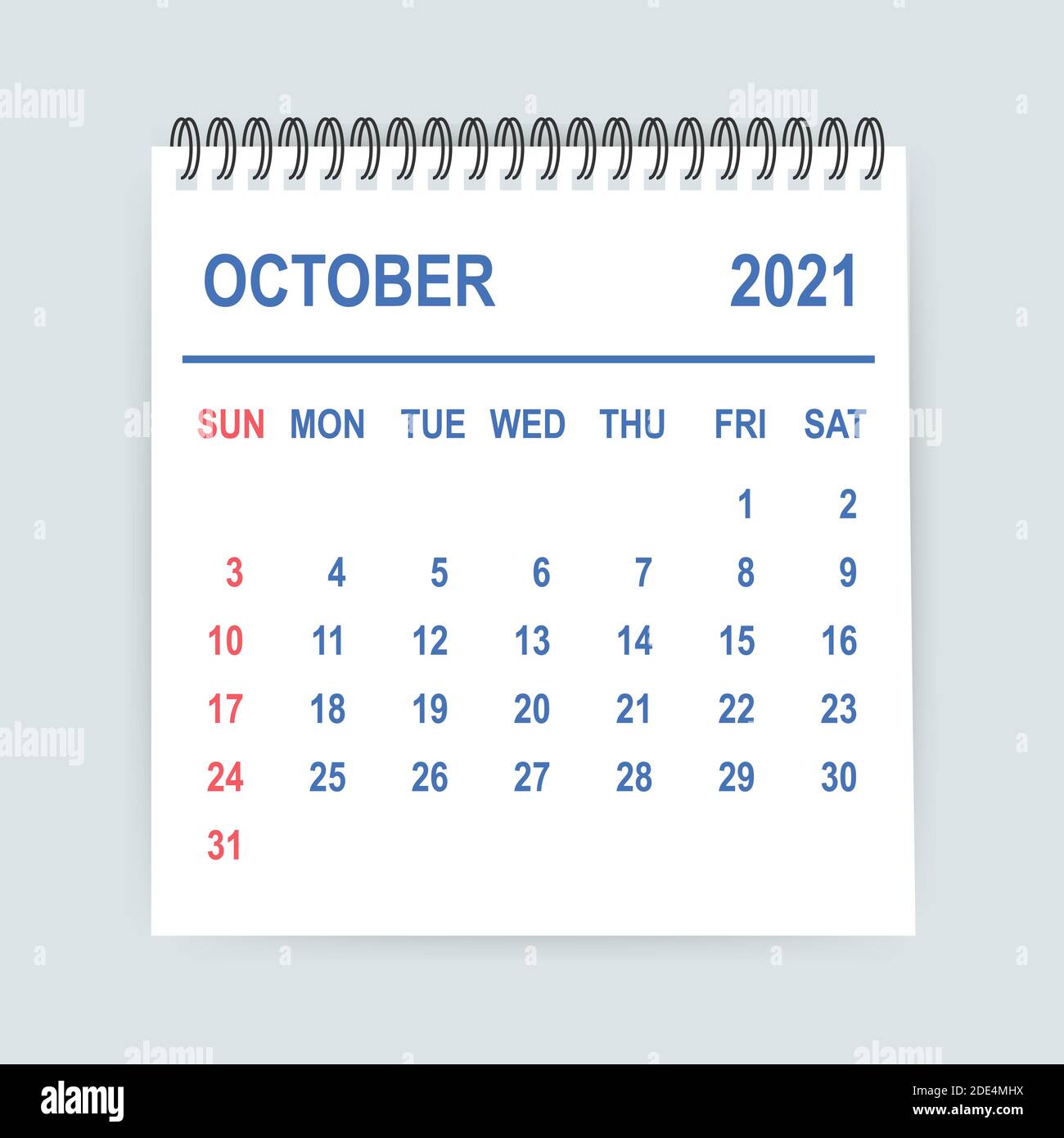 October 2021 Calendar Leaf. Calendar 2021 in flat style. Vector illustration. Stock Vector