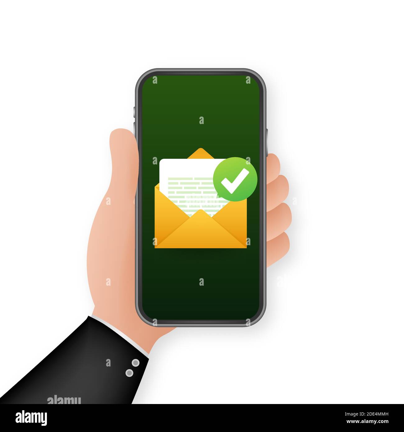Opened envelope and document with green check mark. Verification email