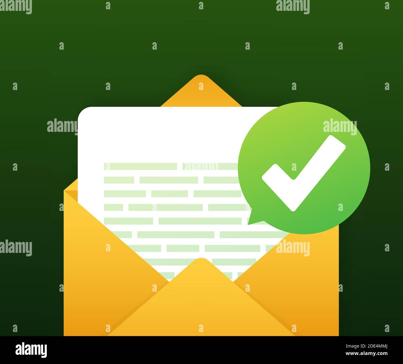 Opened envelope and document with green check mark. Verification email