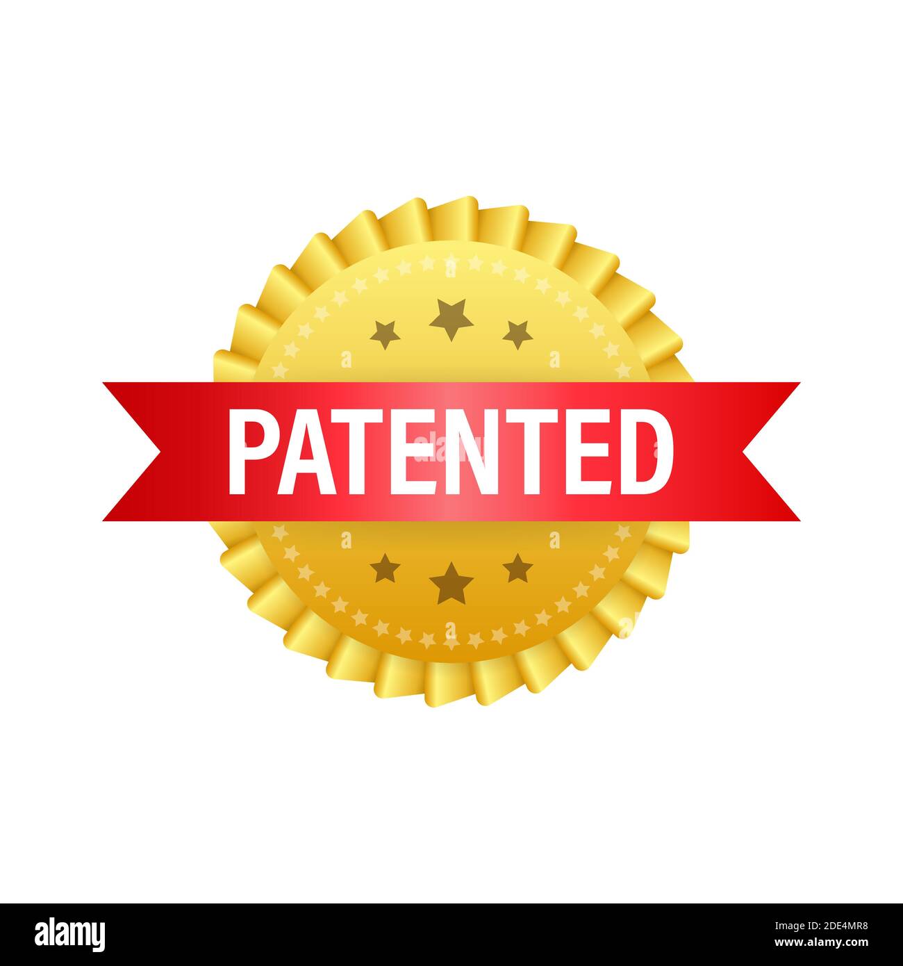 Gold patented label on red ribbon on white background. Vector stock illustration. Stock Vector