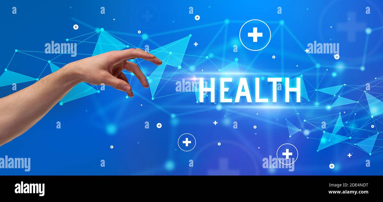 Hand Point Health Close-Up of cropped hand pointing at HEALTH inscription, medical ...