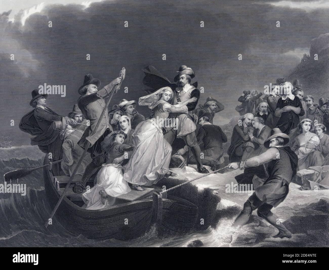 Print showing a woman being helped ashore from a small boat held in position against a rock or ledge by men with ropes and poles; in the background on the right, other Pilgrims kneel in prayer. Stock Photo