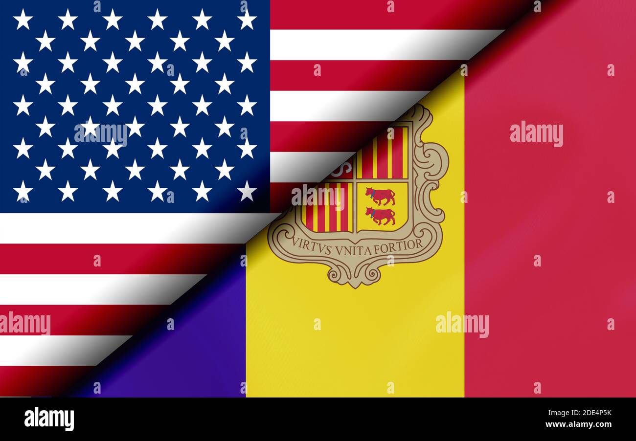 Flags of the USA and Andorra Divided Diagonally. 3D rendering Stock Photo