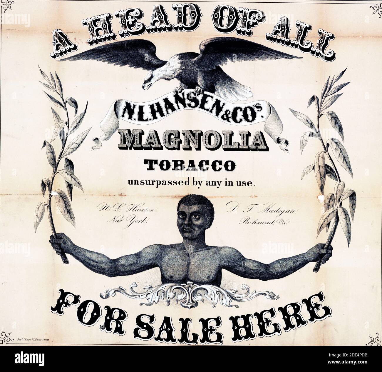 Print shows an advertisement broadside for 'N.L. Hansen & Co's Magnolia Tobacco' with an eagle perched on a banner above he product name and an African American man at bottom center, with arms outstretched holding a stalk of tobacco in each hand. Stock Photo