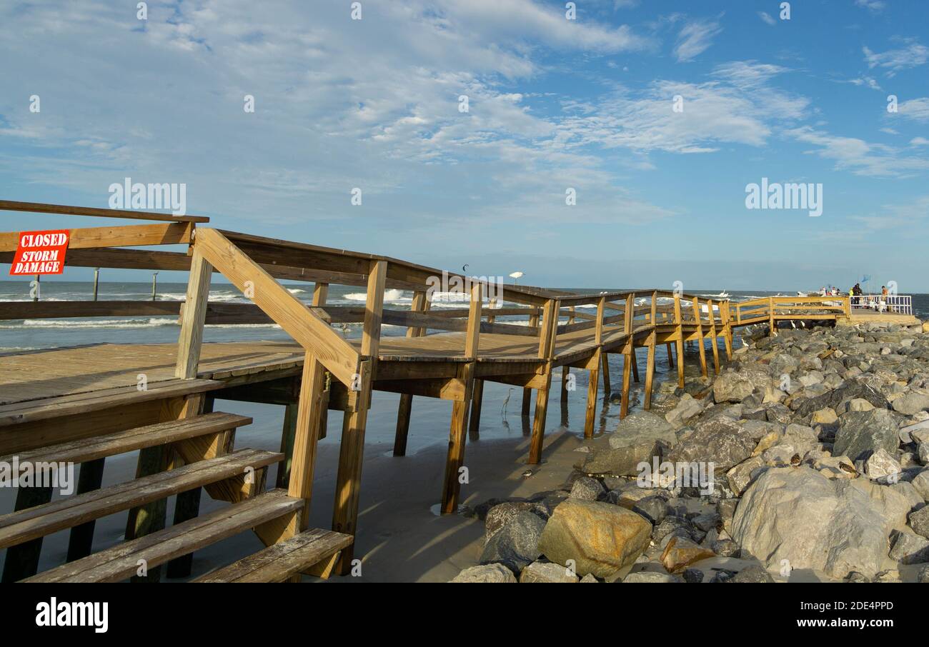 Sep. 24, 2020. The severely damaged boardwalk of the Ponce Inlet jetty stands after heavy winds and surge from a series of storms. Stock Photo