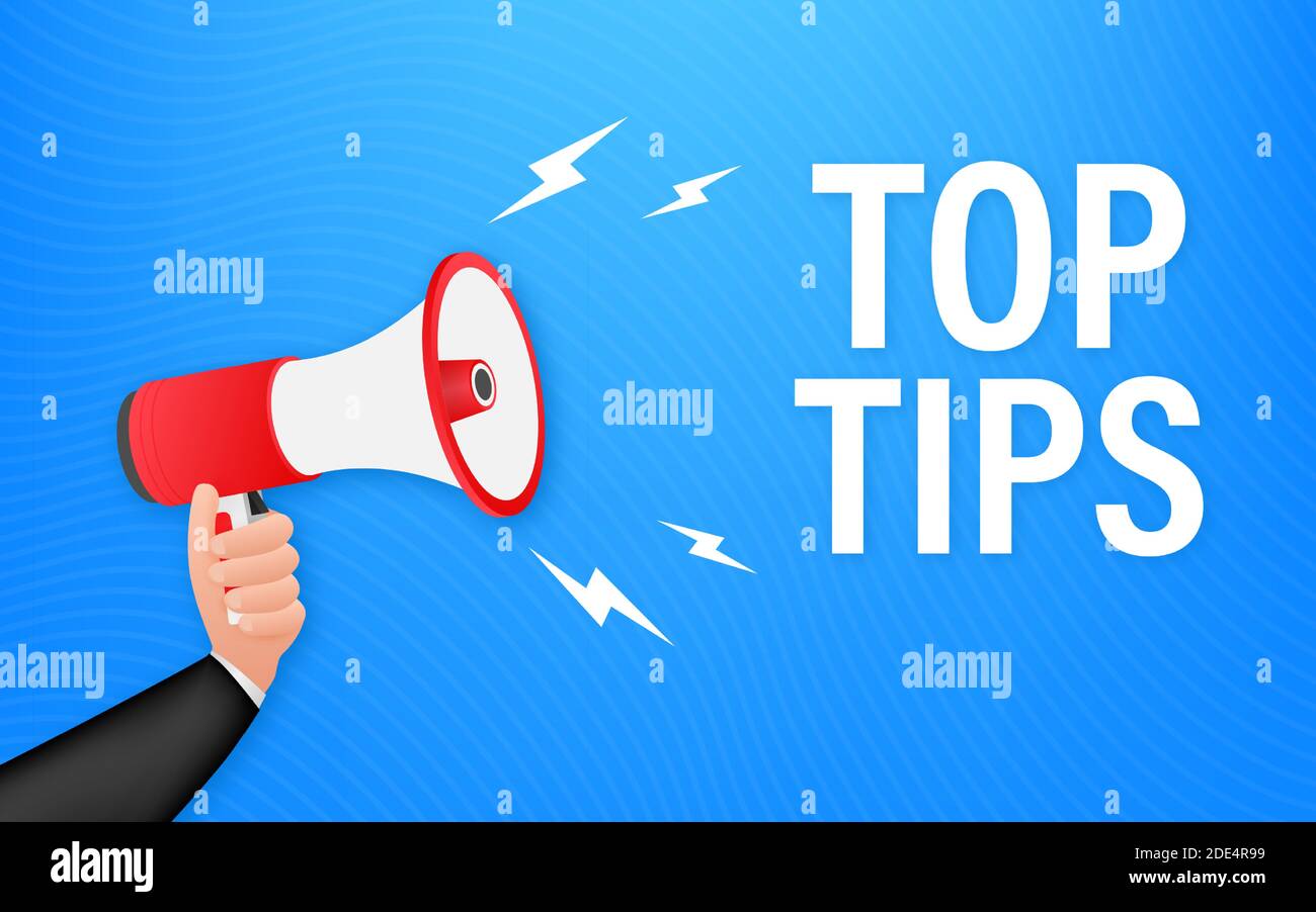 Hand holding megaphone - Top tips. Vector illustration. Stock Vector