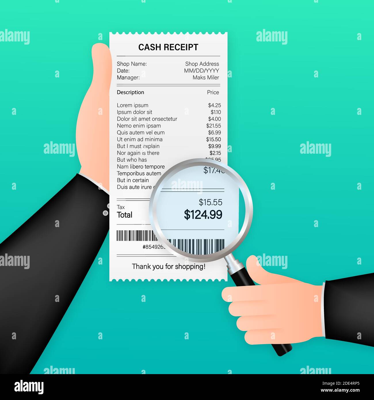 Receipt icon with magnifying glass. Studying paying bill. Payment of  goods,service, utility, bank, restaurant. Vector stock illustration Stock  Vector Image \u0026 Art - Alamy, image size:1300x1390