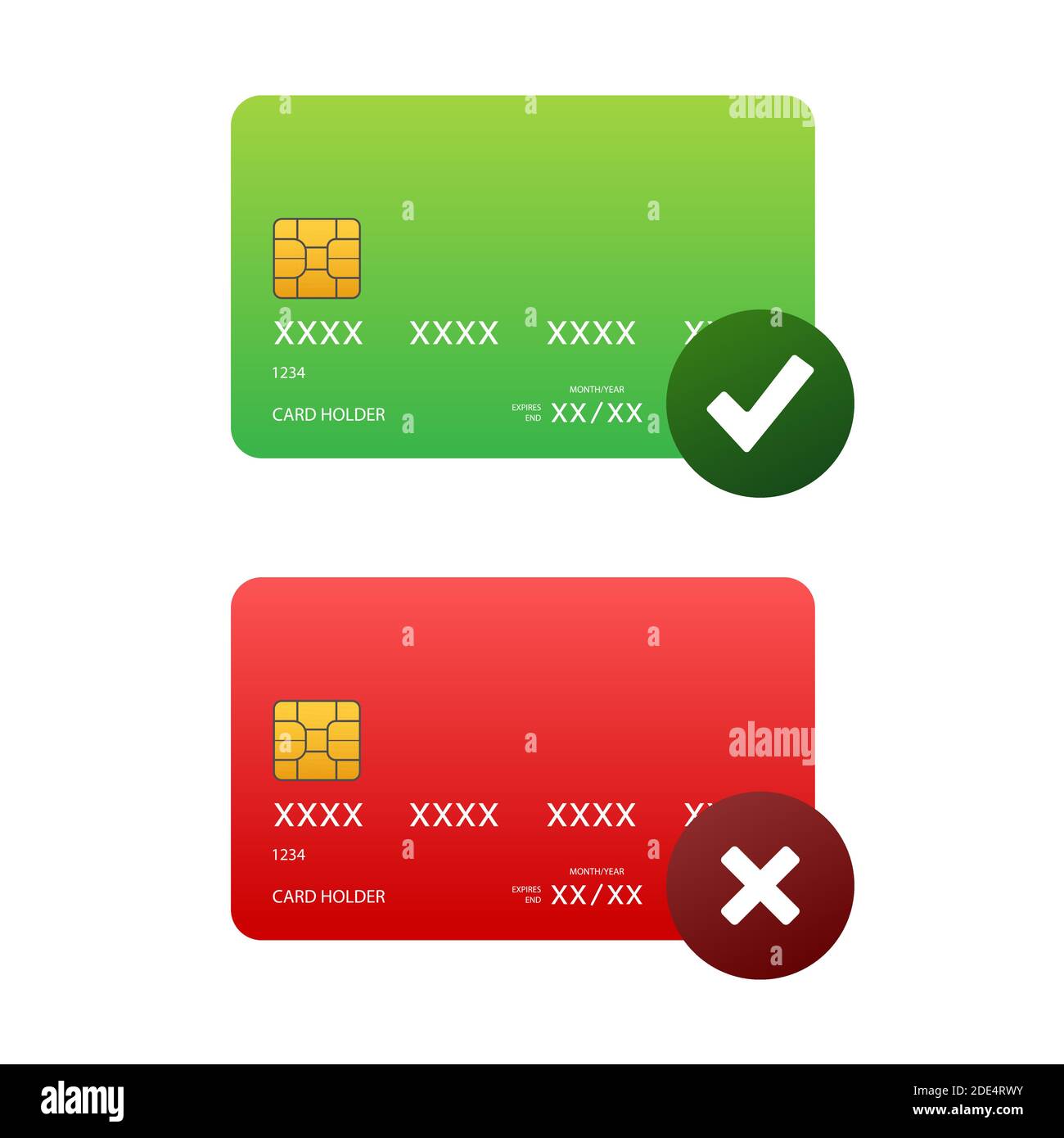 Credit cards with approved and rejected. Finance security transfer check. Transaction symbol. Vector stock illustration. Stock Vector