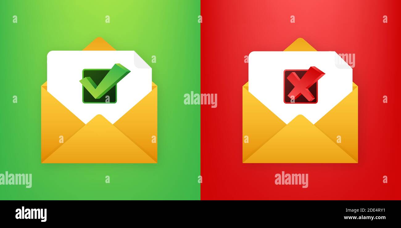 Two envelope with approved and rejected letters. Mail icon. Vector illustration. Stock Vector