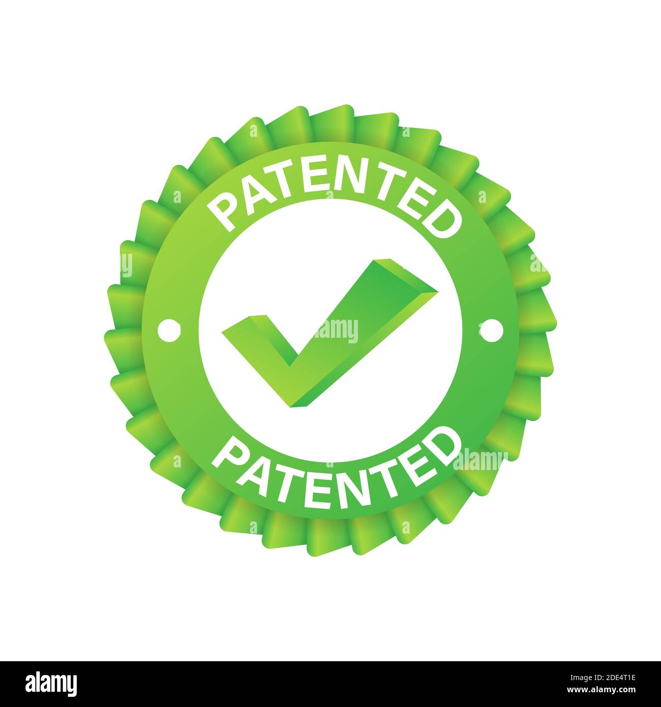 Green patented label on blue ribbon on white background. Vector stock illustration. Stock Vector