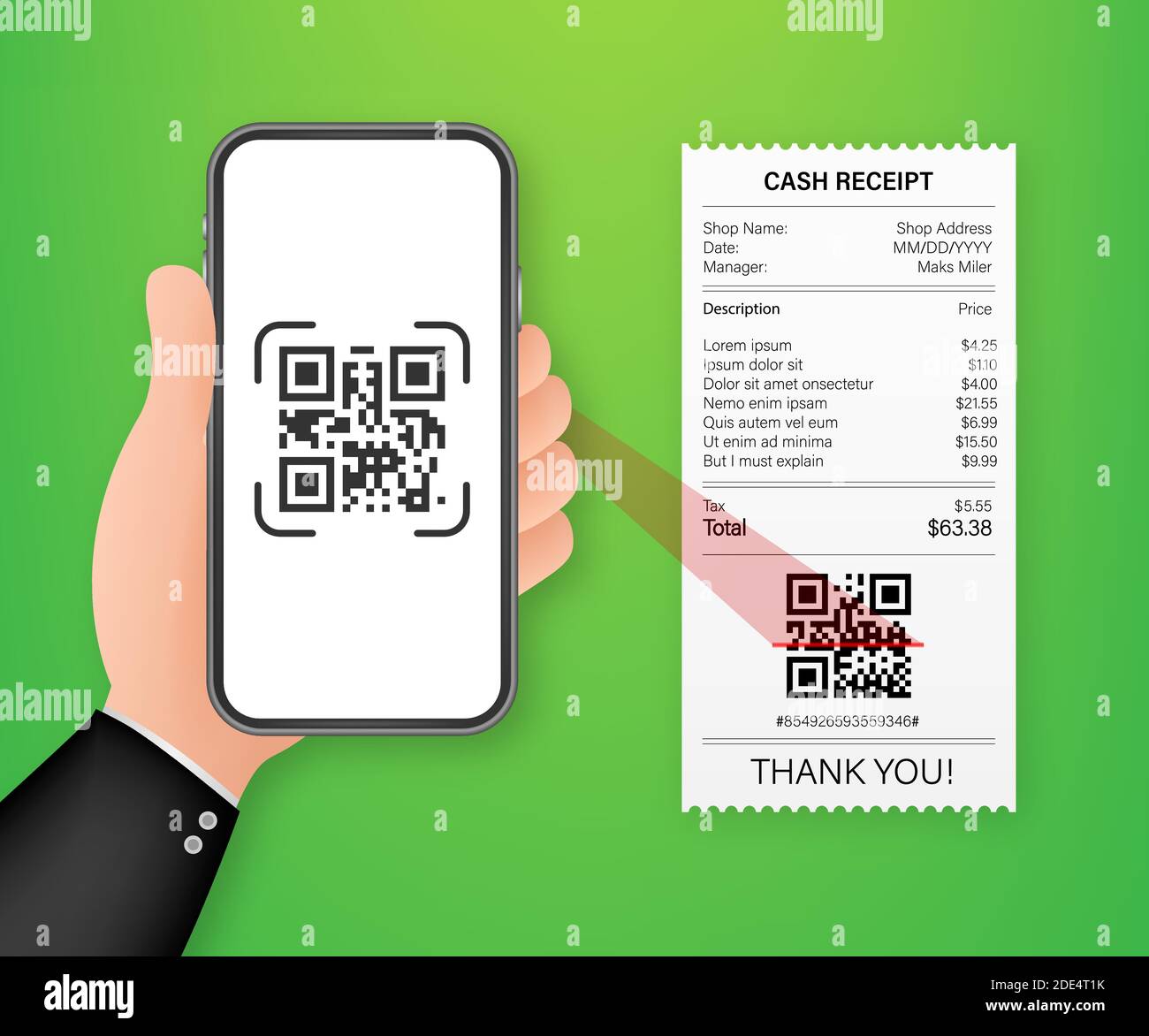 Hand holding smartphone to scan qr code on paper for detail. Vector stock illustration. Stock Vector