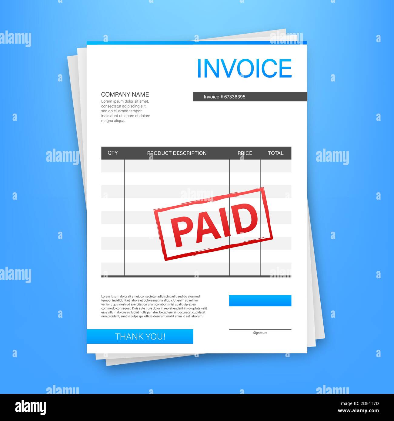 Invoice with paid stamp in clipboard. Accounting concept. Customer