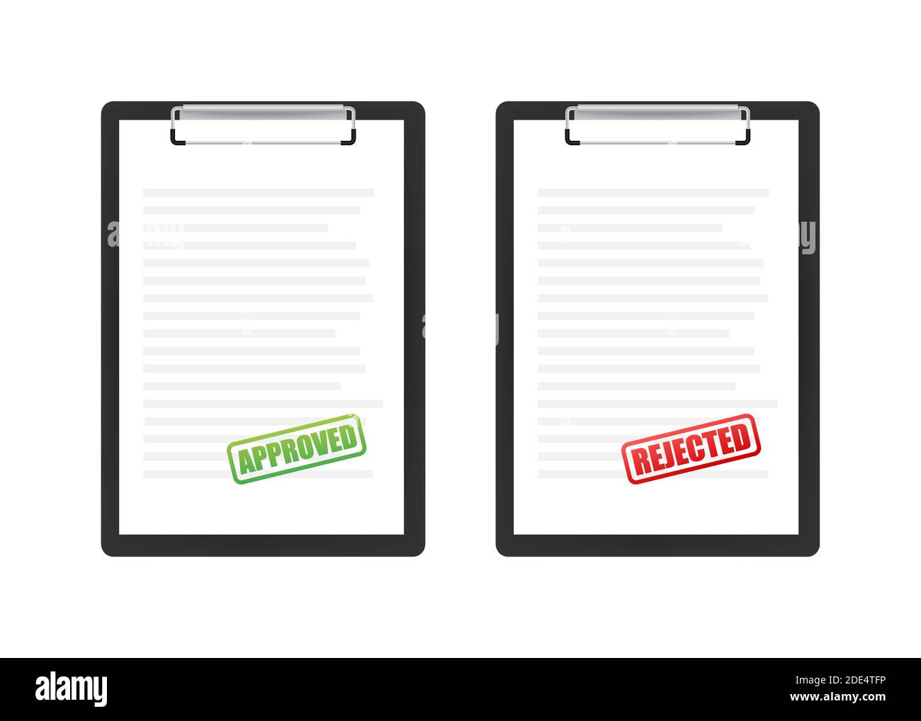 Approved and rejected rubber stamp on document, green and red color. Vector illustration. Stock Vector