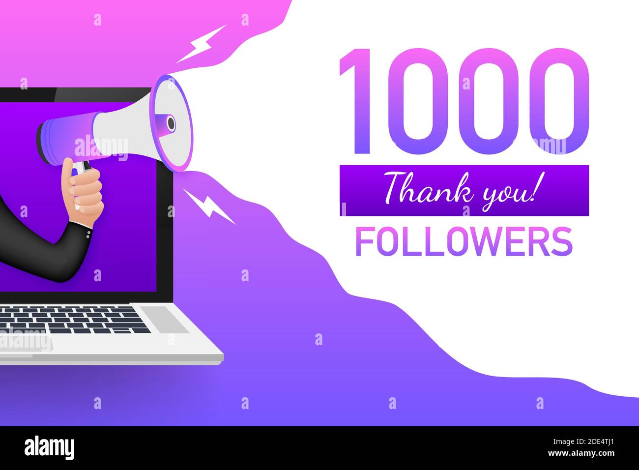 1000 Followers thank you card with laptop Template for social media post. 1K subscribers vivid banner. Vector illustration. Stock Vector