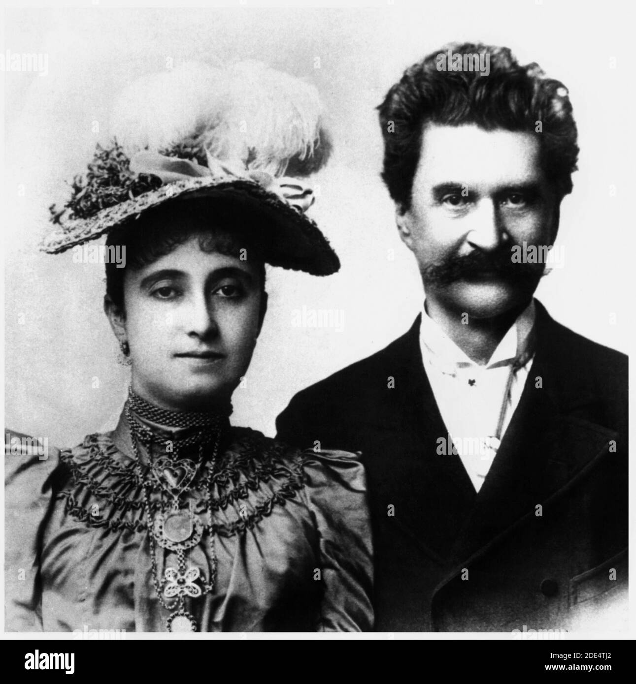 1887 ca, AUSTRIA : The austrian music composer JOHANN STRAUSS Jr ( 1825 - 1899 ) with his 3th wife ADELE DEUTSCH ( 1856 - 1930 ) married in august 1887 . Dubbed ' The Waltz King ', popular composer of dance music and Operettas , of wich the most famous is DIE FLEDERMAUS . Unknown photographer .- ADELE - COMPOSITORE - OPERETTA - WALTZER - VALZER - WALZER - CLASSICA - CLASSICAL - PORTRAIT - RITRATTO - MUSICISTA - MUSICA - moustache - baffi  - CRAVATTA - TIE - Junior  - -- ARCHIVIO GBB Stock Photo