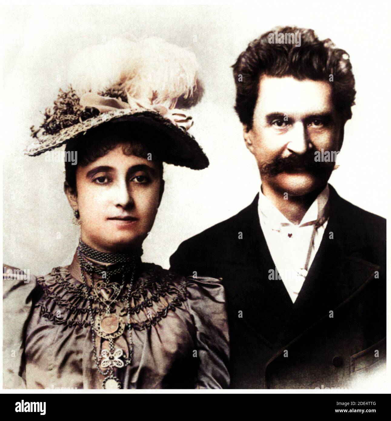 1887 ca, AUSTRIA : The austrian music composer JOHANN STRAUSS Jr ( 1825 - 1899 ) with his 3th wife ADELE DEUTSCH ( 1856 - 1930 ) married in august 1887 . Dubbed ' The Waltz King ', popular composer of dance music and Operettas , of wich the most famous is DIE FLEDERMAUS . Unknown photographer .Unknown photographer . DIGITALLY COLORIZED . - ADELE - COMPOSITORE - OPERETTA - WALTZER - VALZER - WALZER - CLASSICA - CLASSICAL - PORTRAIT - RITRATTO - MUSICISTA - MUSICA - moustache - baffi  - CRAVATTA - TIE - Junior  - -- ARCHIVIO GBB Stock Photo