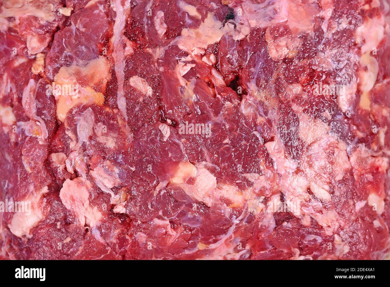 Block of red raw beef meat scraps used for raw feeding of dogs or cats