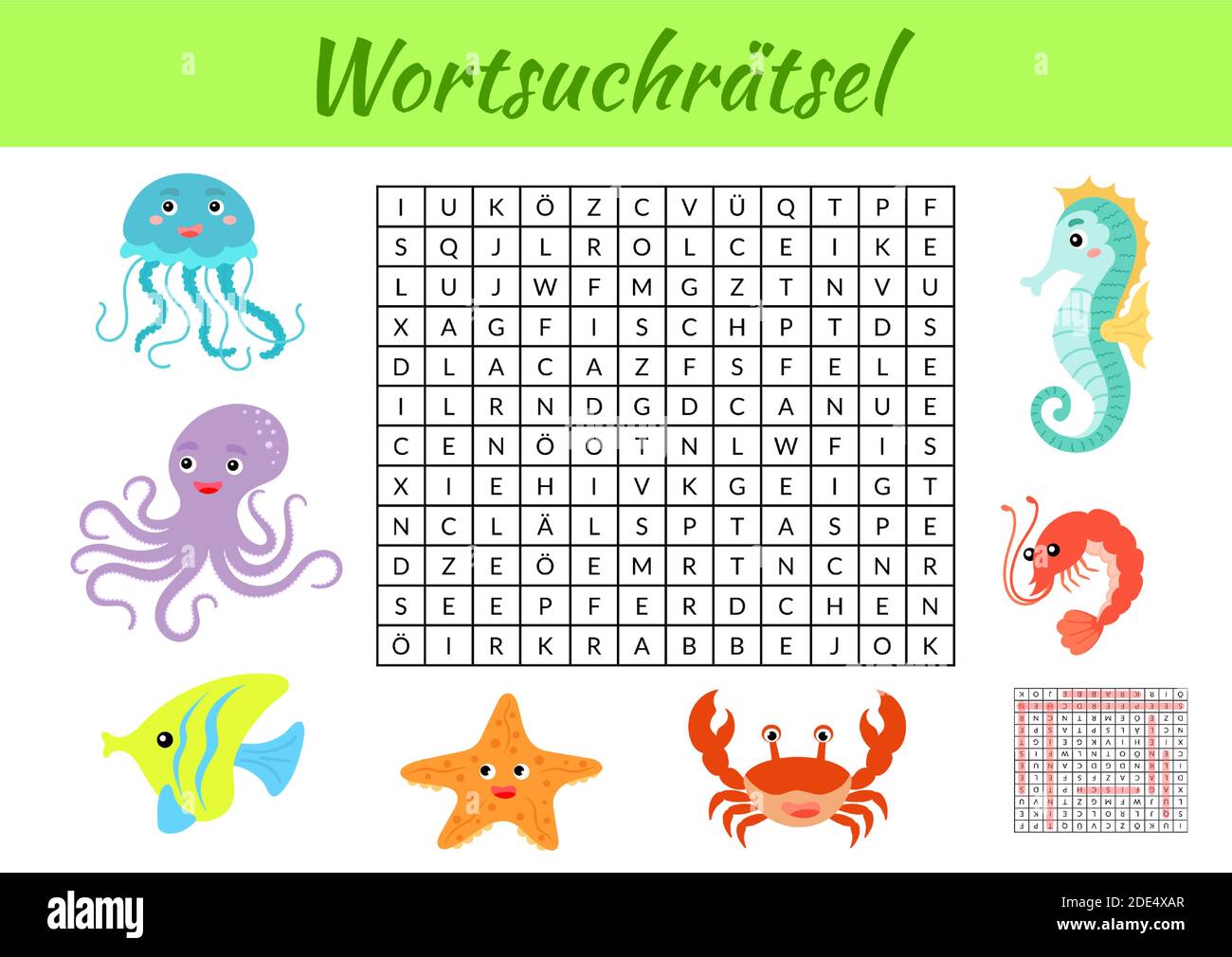 Wortsuchrätsel - Word search puzzle. Kids activity worksheet colorful printable version. Educational game for study German words. Includes answers. Stock Vector
