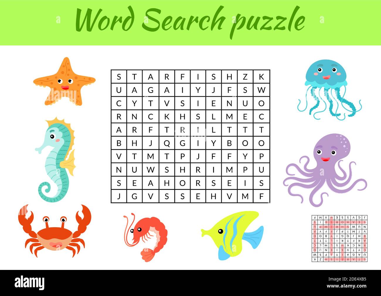 Game template word search puzzle of animals for children with pictures. Kids activity worksheet printable version. Educational game for study English Stock Vector
