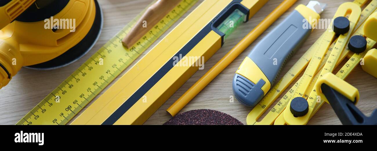On table are new tools carpenter and designer Stock Photo